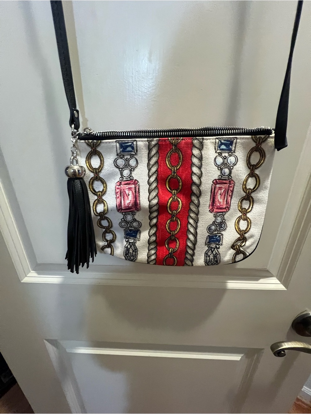 Brighton White Mini Crossbody with Red Stripe and Black Tassel